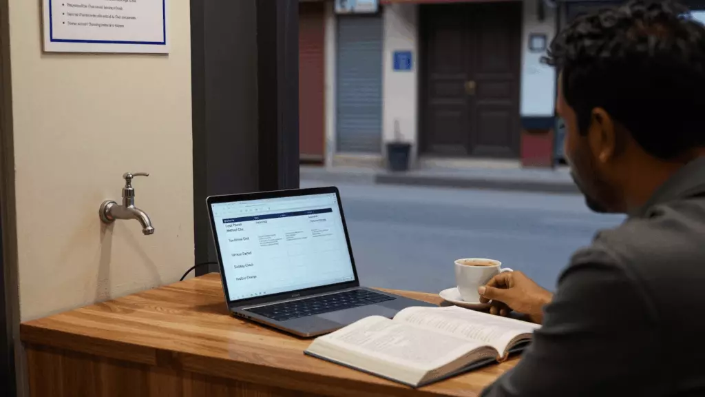 a Nepali woman in her late 20s reviewing an IELTS online course workflow