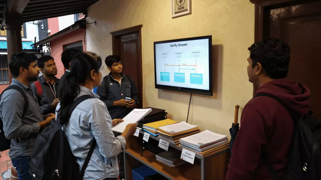 a Nepali woman in her late 20s reviewing an IELTS online course workflow