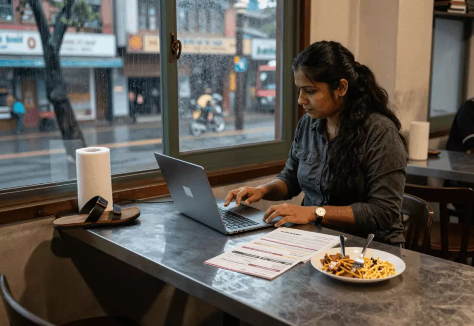 a Nepali woman in her late 20s choosing the next IELTS prep step online