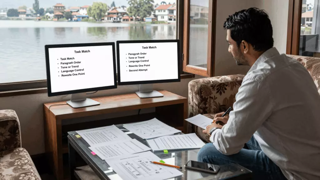 a Nepali woman in her late 20s reviewing an IELTS online course workflow