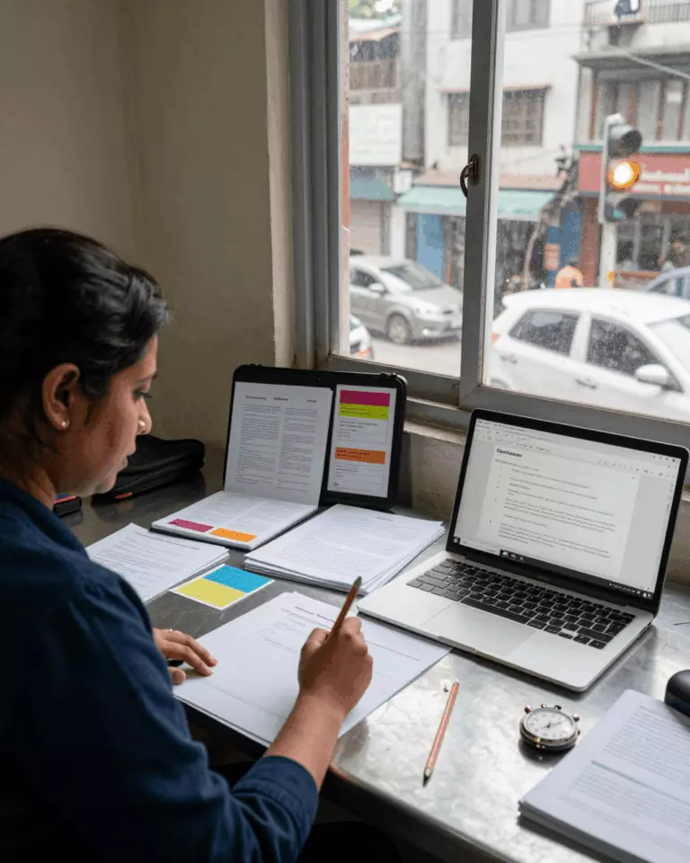 a Nepali woman in her late 20s preparing online for IELTS लेखन कार्य २ कोर्स गाइड: निबन्ध, विचार, संरचना, र ब्यान्ड स्कोरहरू