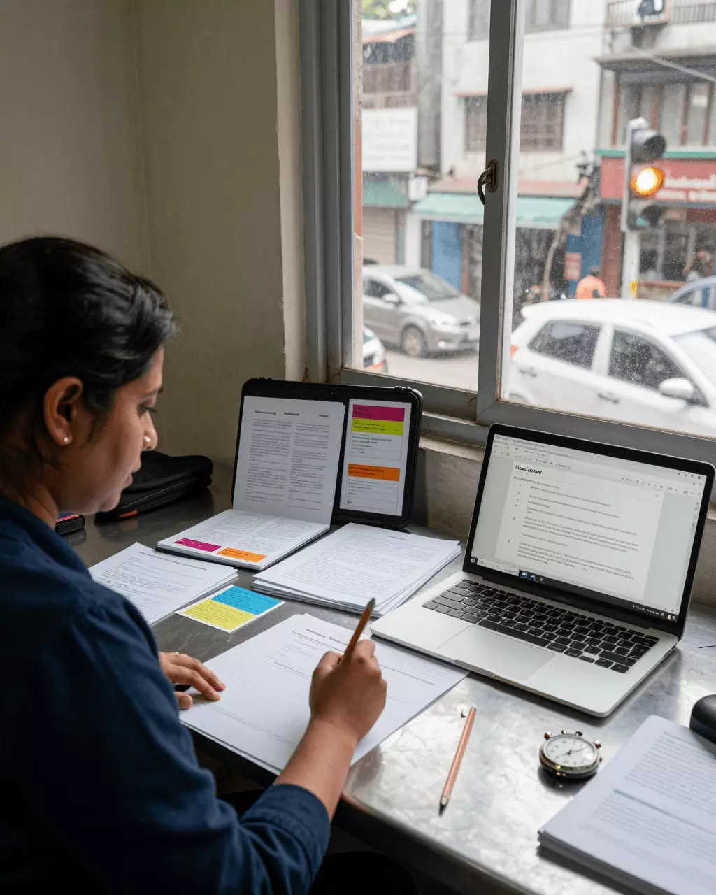 a Nepali woman in her late 20s preparing online for IELTS लेखन कार्य २ कोर्स गाइड: निबन्ध, विचार, संरचना, र ब्यान्ड स्कोरहरू