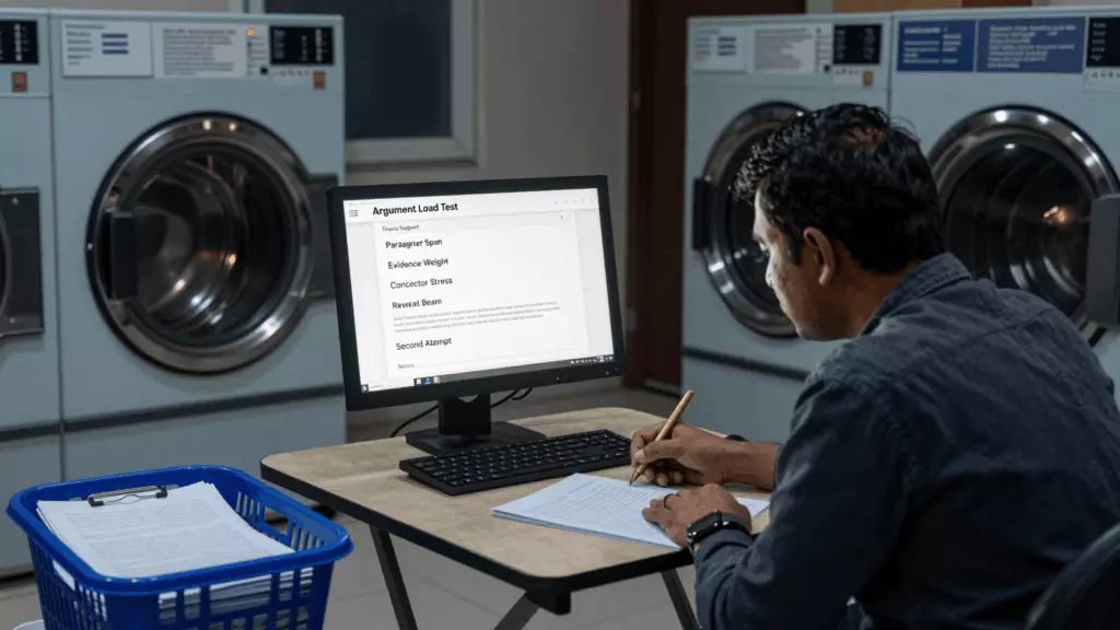 a Nepali woman in her late 20s reviewing an IELTS online course workflow
