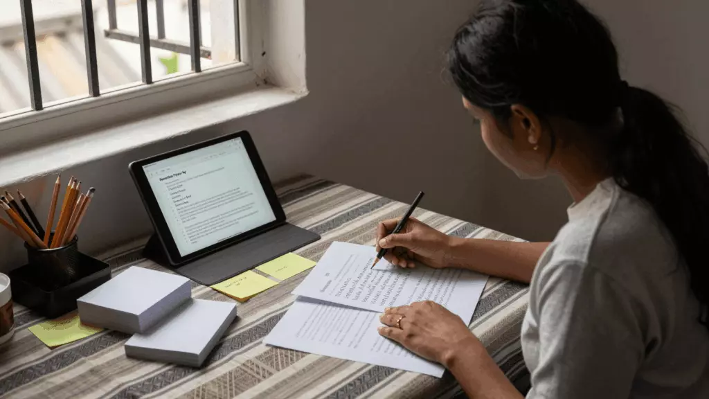 a Nepali woman in her late 20s working through संशोधन