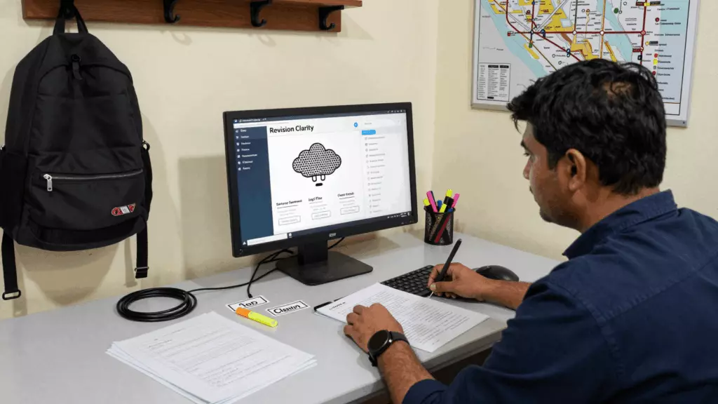 a Nepali woman in her late 20s reviewing an IELTS online course workflow