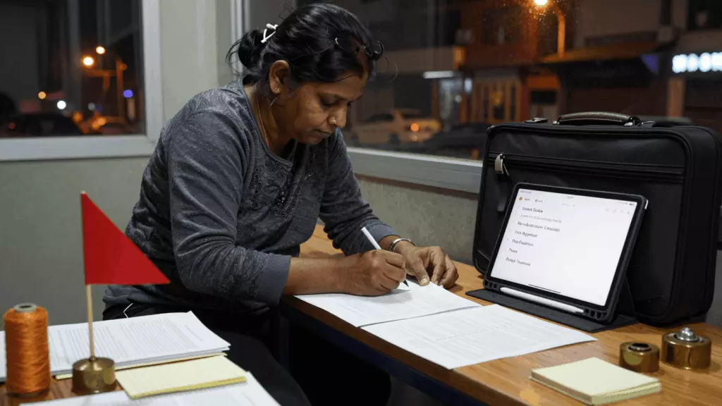 a Nepali woman in her late 20s working through संशोधन