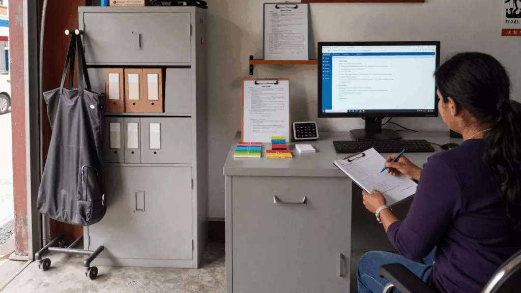 a Nepali woman in her late 20s reviewing an IELTS online course workflow
