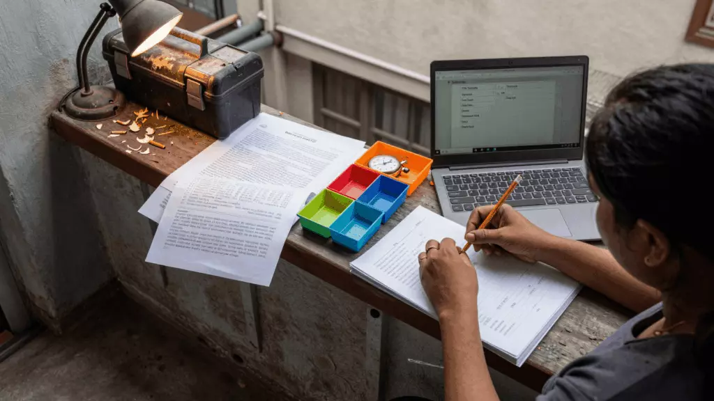 a Nepali woman in her late 20s working through मार्क