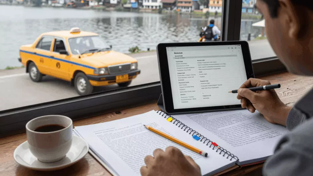 a Nepali woman in her late 20s reviewing an IELTS online course workflow