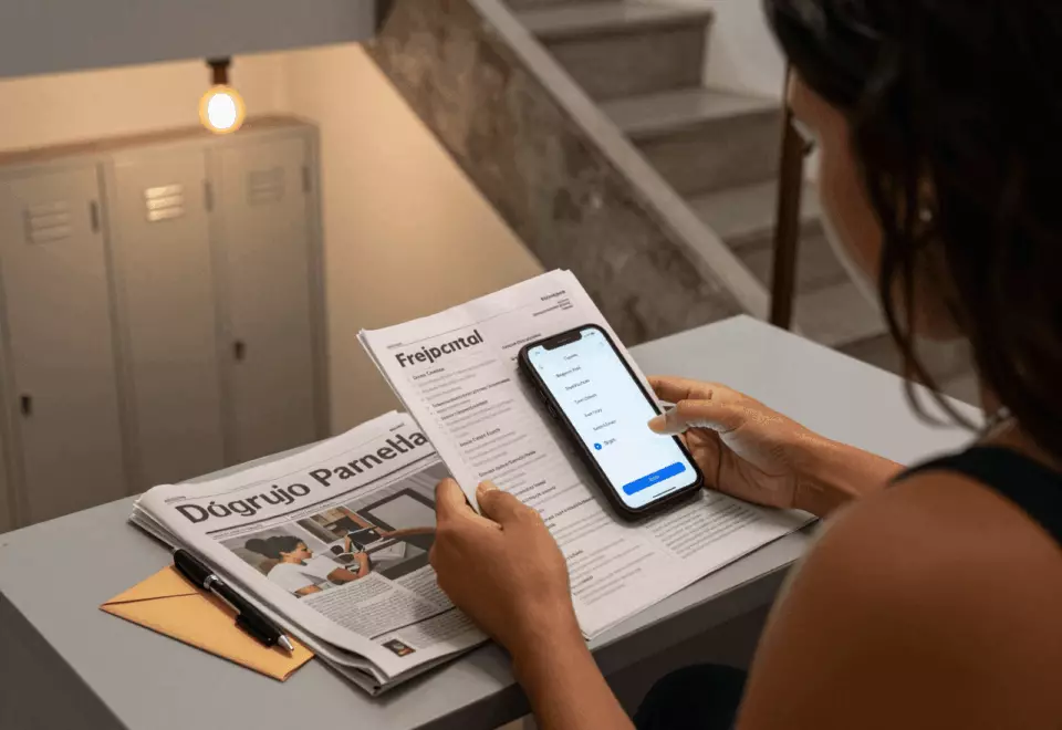 a Brazilian woman in her late 20s choosing the next IELTS prep step online