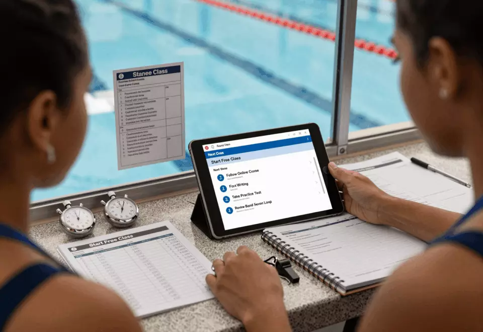 a Brazilian woman in her late 20s choosing the next IELTS prep step online
