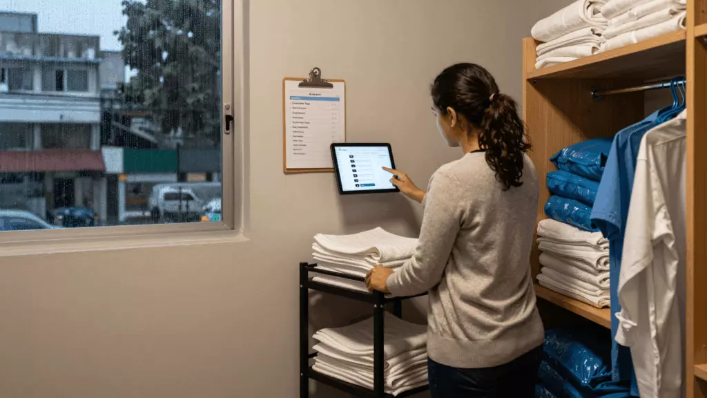 a Brazilian woman in her late 20s reviewing an IELTS online course workflow
