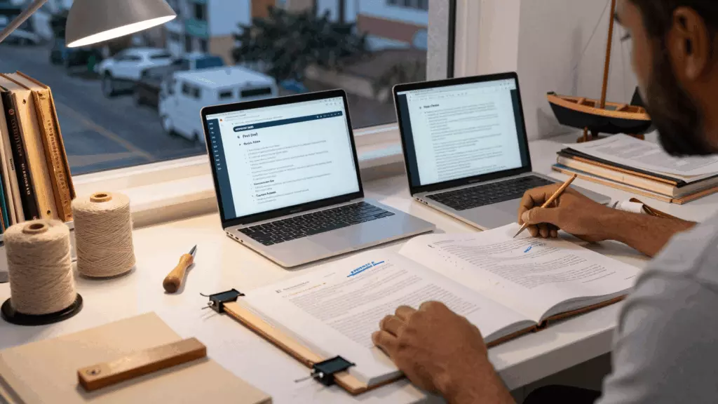 a Brazilian woman in her late 20s reviewing an IELTS online course workflow