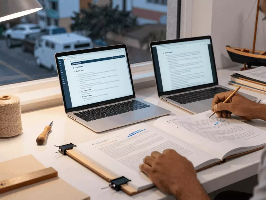 Roteiro do curso de redação do IELTS em camadas mostrando produção e refinamento da configuração