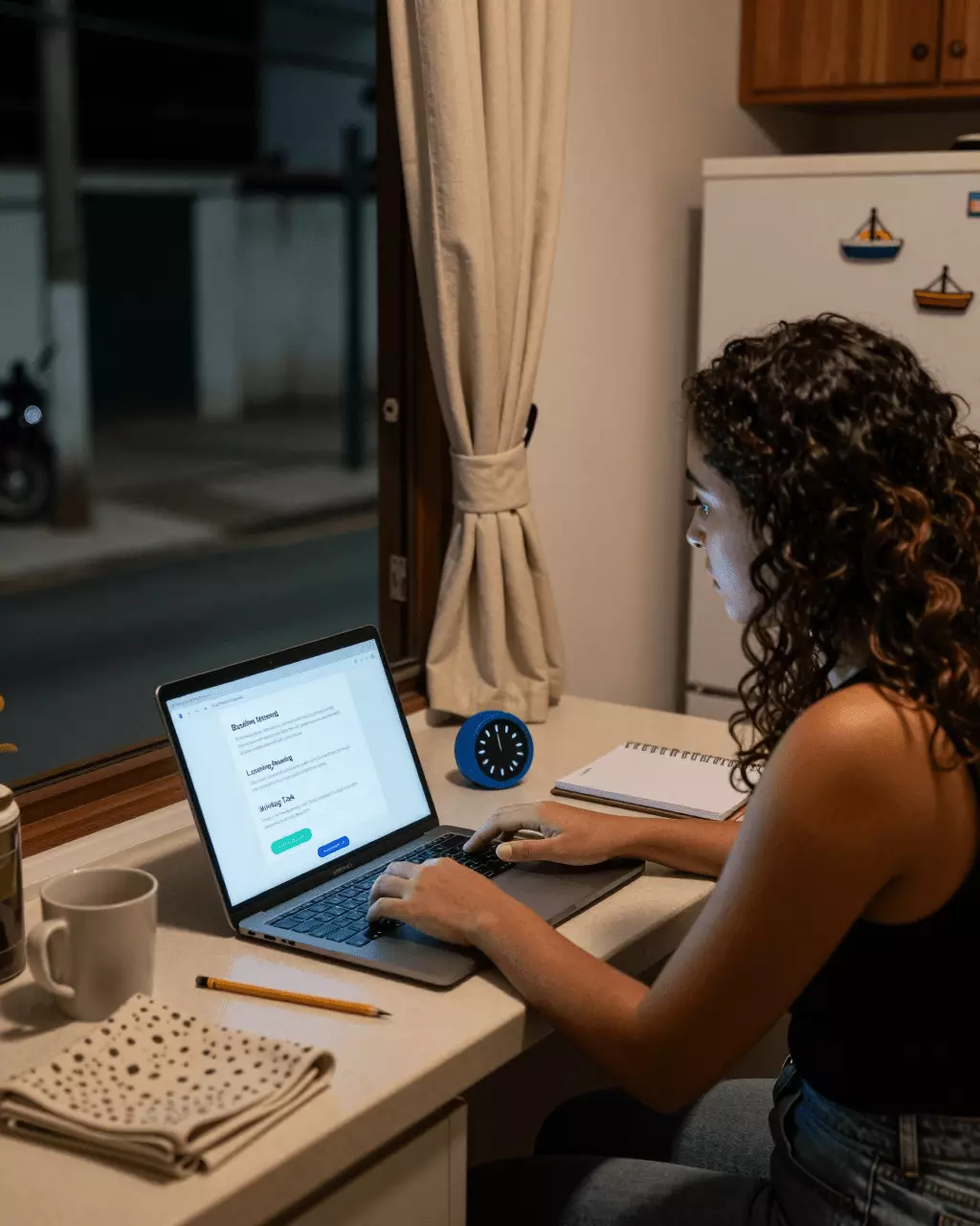 a Brazilian woman in her late 20s preparing online for Testes práticos IELTS on-line: testes simulados, pontuações e preparação para exames