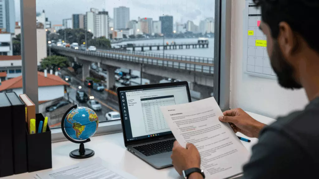 a Brazilian woman in her late 20s reviewing an IELTS online course workflow