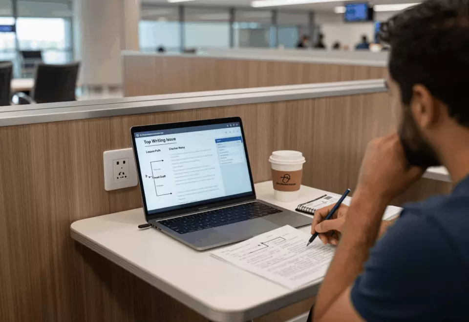 a Brazilian woman in her late 20s choosing the next IELTS prep step online