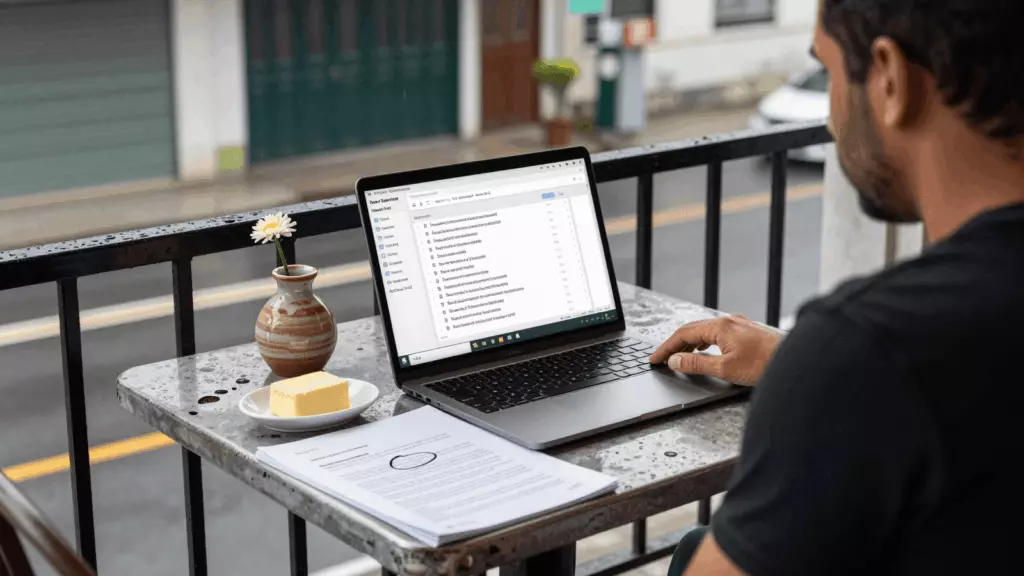 a Brazilian woman in her late 20s reviewing an IELTS online course workflow
