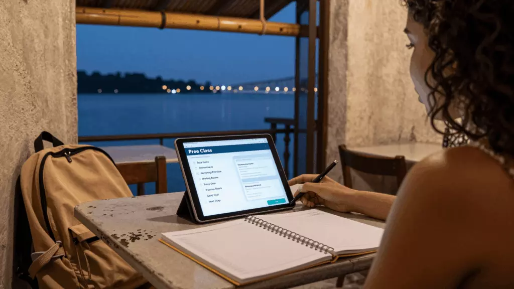 Aluno do IELTS General Training iniciando uma aula on-line a partir de um estudo em casa mesa