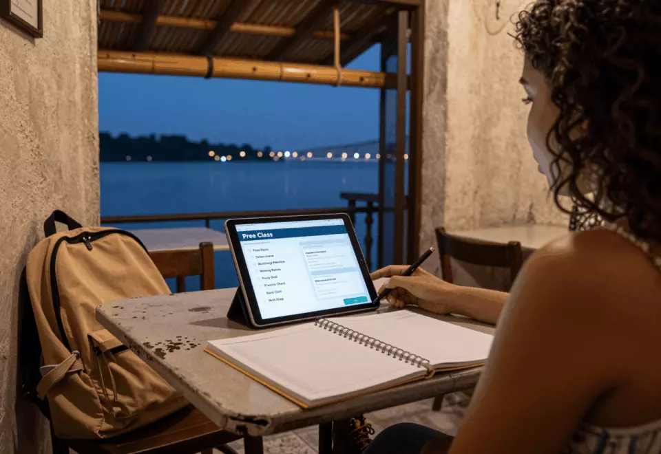 a Brazilian woman in her late 20s choosing the next IELTS prep step online