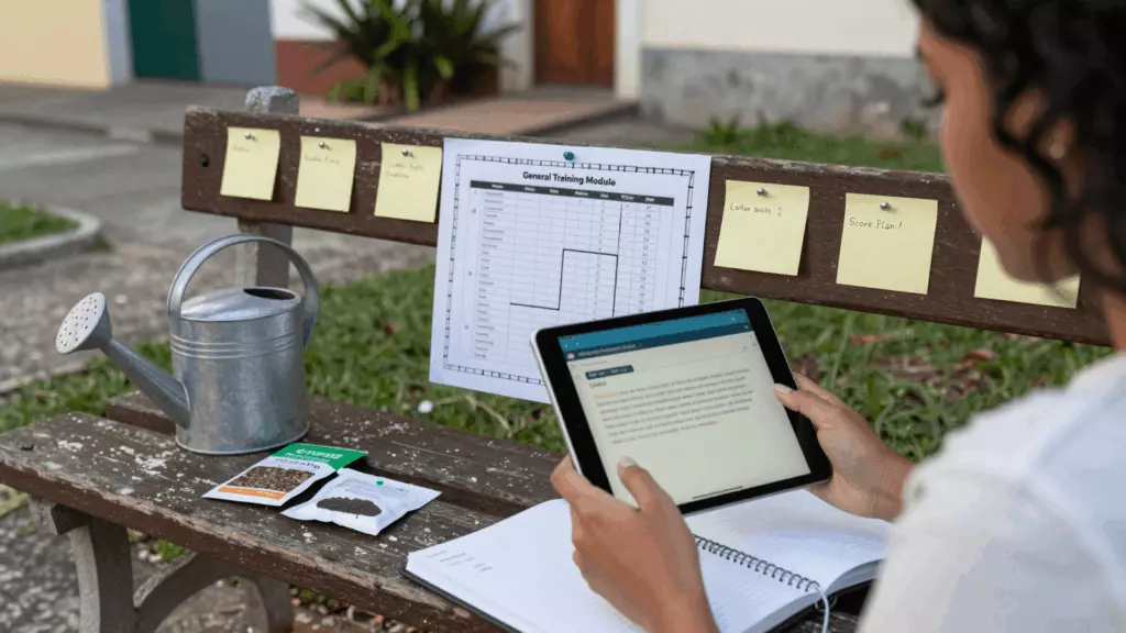 a Brazilian woman in her late 20s reviewing an IELTS online course workflow