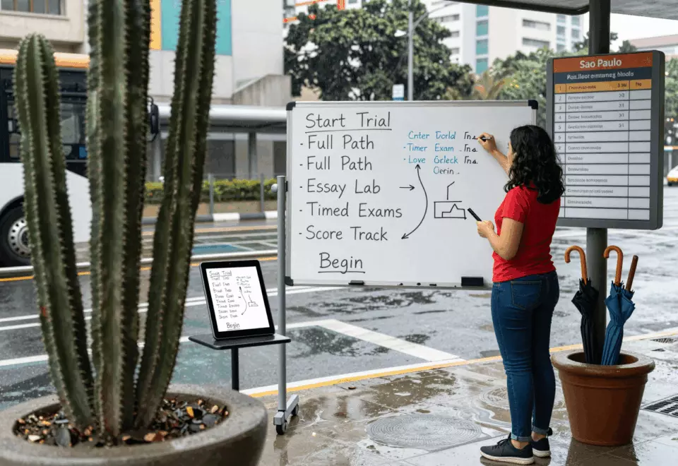 a Brazilian woman in her late 20s choosing the next IELTS prep step online