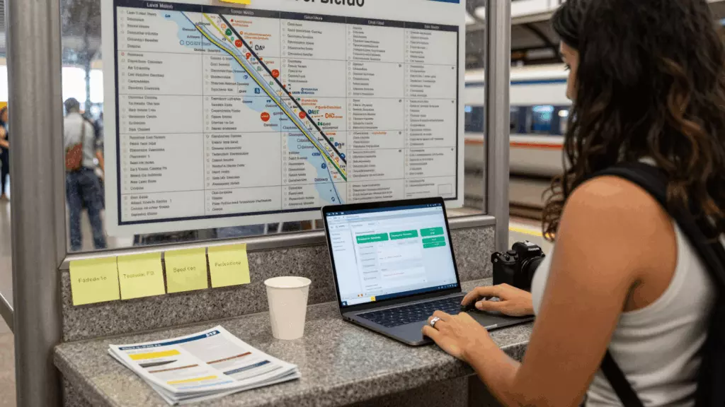 a Brazilian woman in her late 20s reviewing an IELTS online course workflow