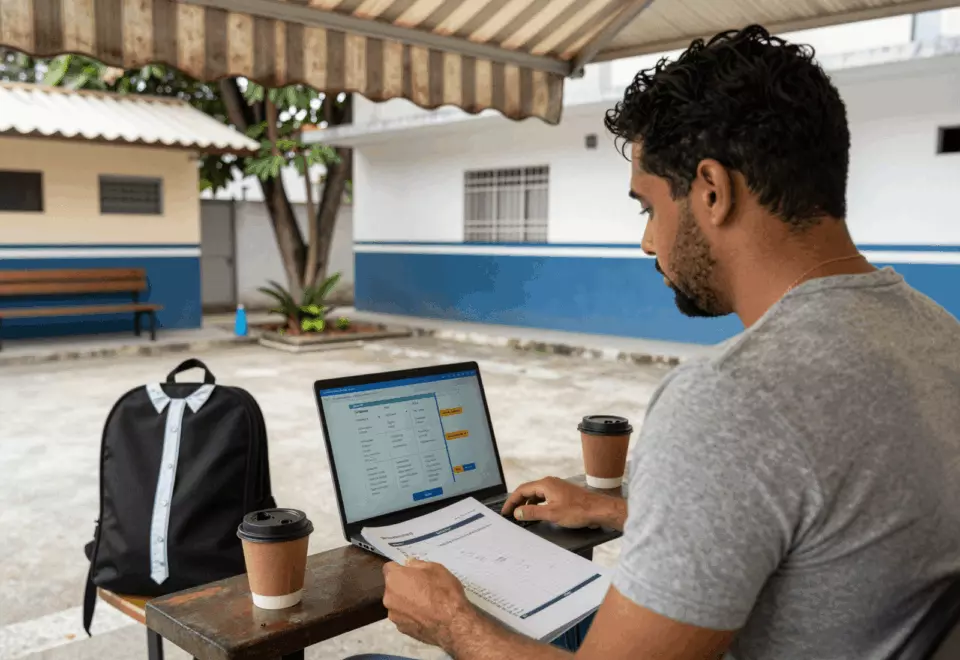 a Brazilian woman in her late 20s choosing the next IELTS prep step online