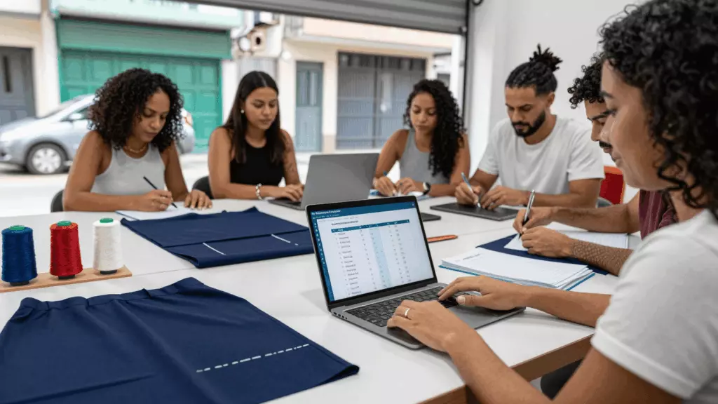 a Brazilian woman in her late 20s reviewing an IELTS online course workflow