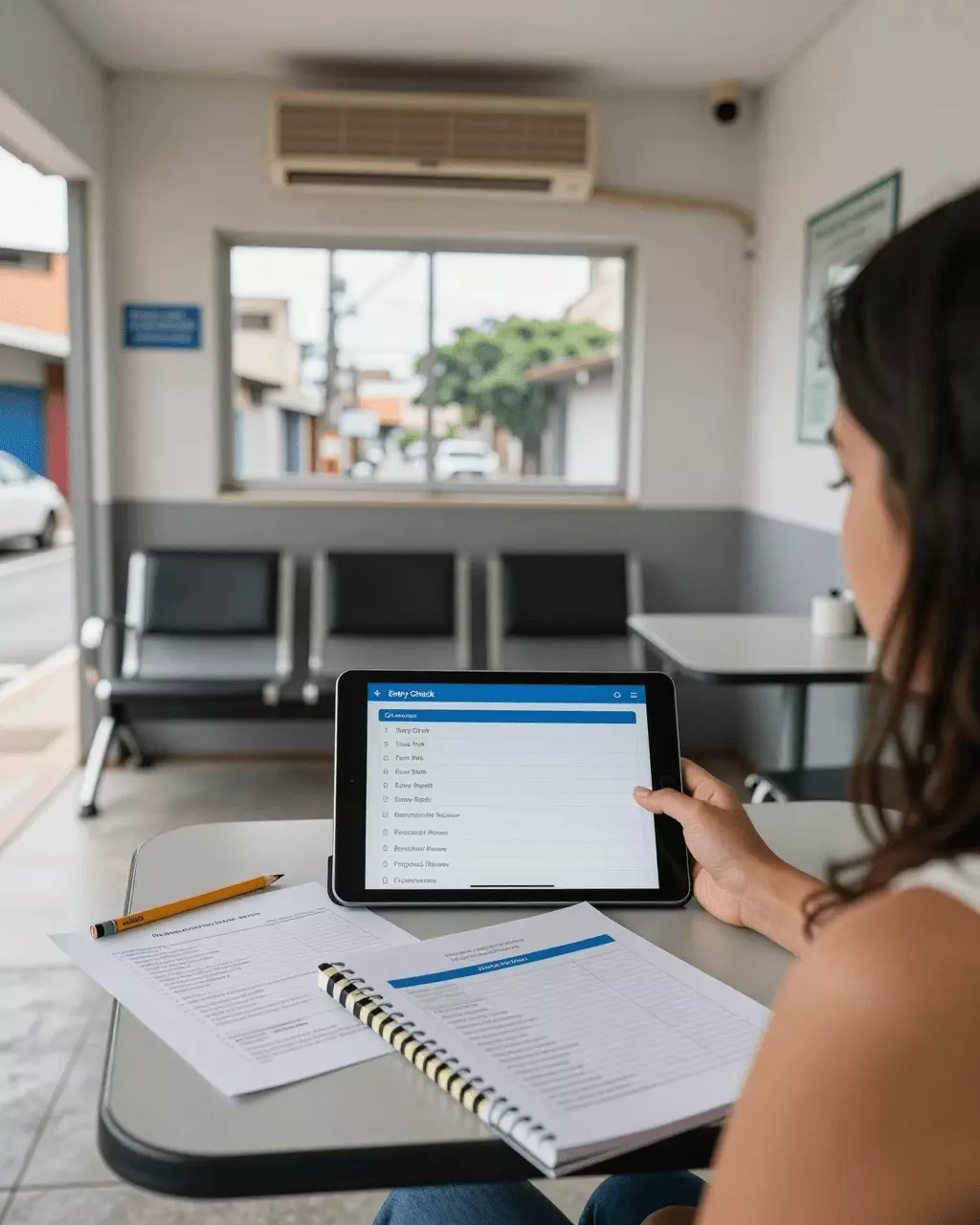 a Brazilian woman in her late 20s preparing online for Lista de verificação completa do curso IELTS: o que todo bom curso IELTS deve incluir