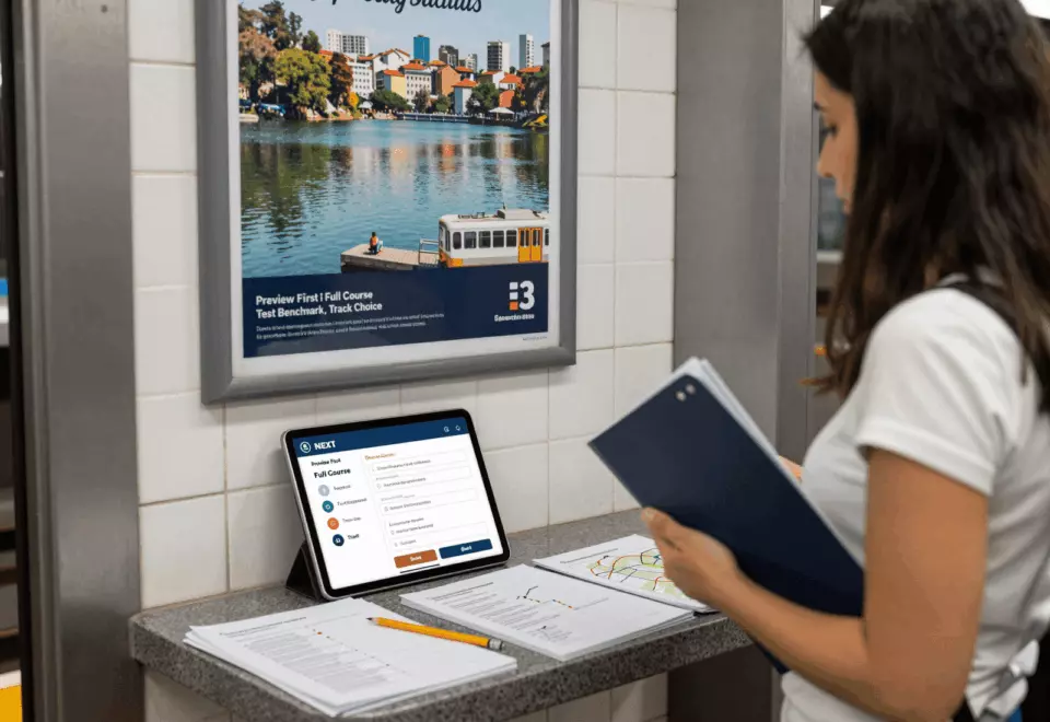 a Brazilian woman in her late 20s choosing the next IELTS prep step online