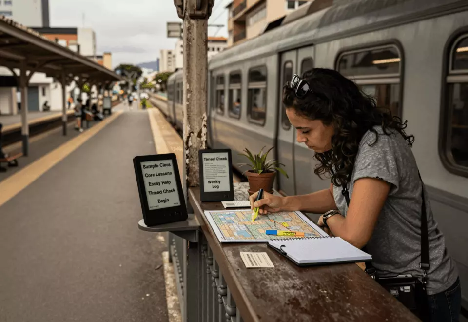 a Brazilian woman in her late 20s choosing the next IELTS prep step online