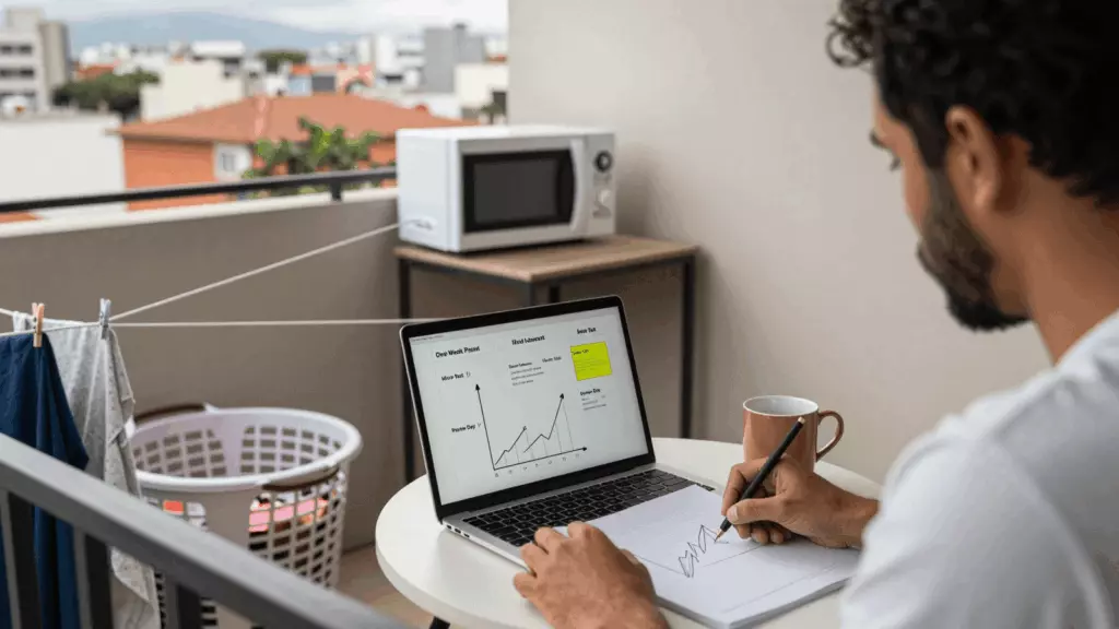 a Brazilian woman in her late 20s reviewing an IELTS online course workflow