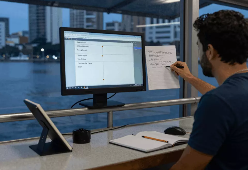 a Brazilian woman in her late 20s choosing the next IELTS prep step online