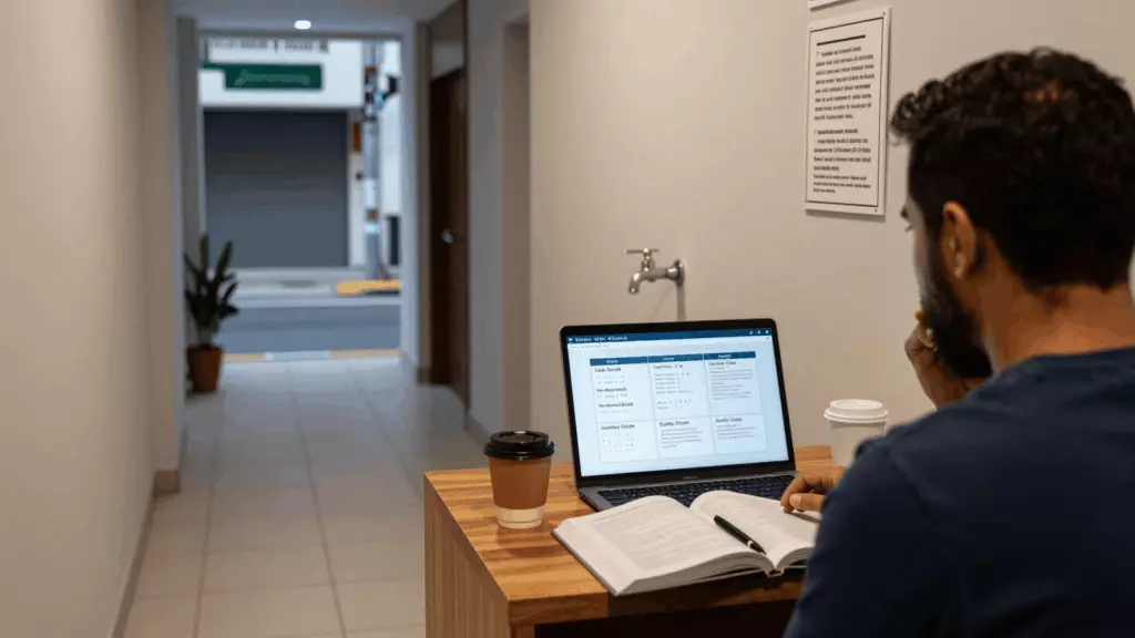 a Brazilian woman in her late 20s reviewing an IELTS online course workflow