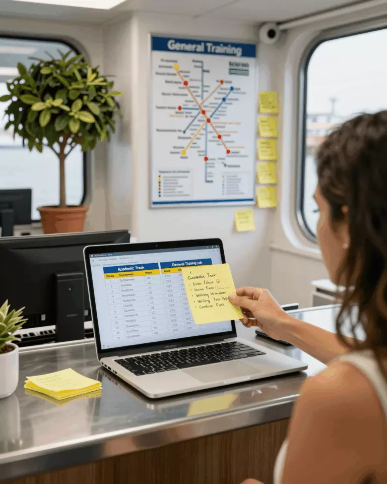 a Brazilian woman in her late 20s preparing online for Treinamento Acadêmico vs Geral do IELTS: Qual teste e curso você precisa?
