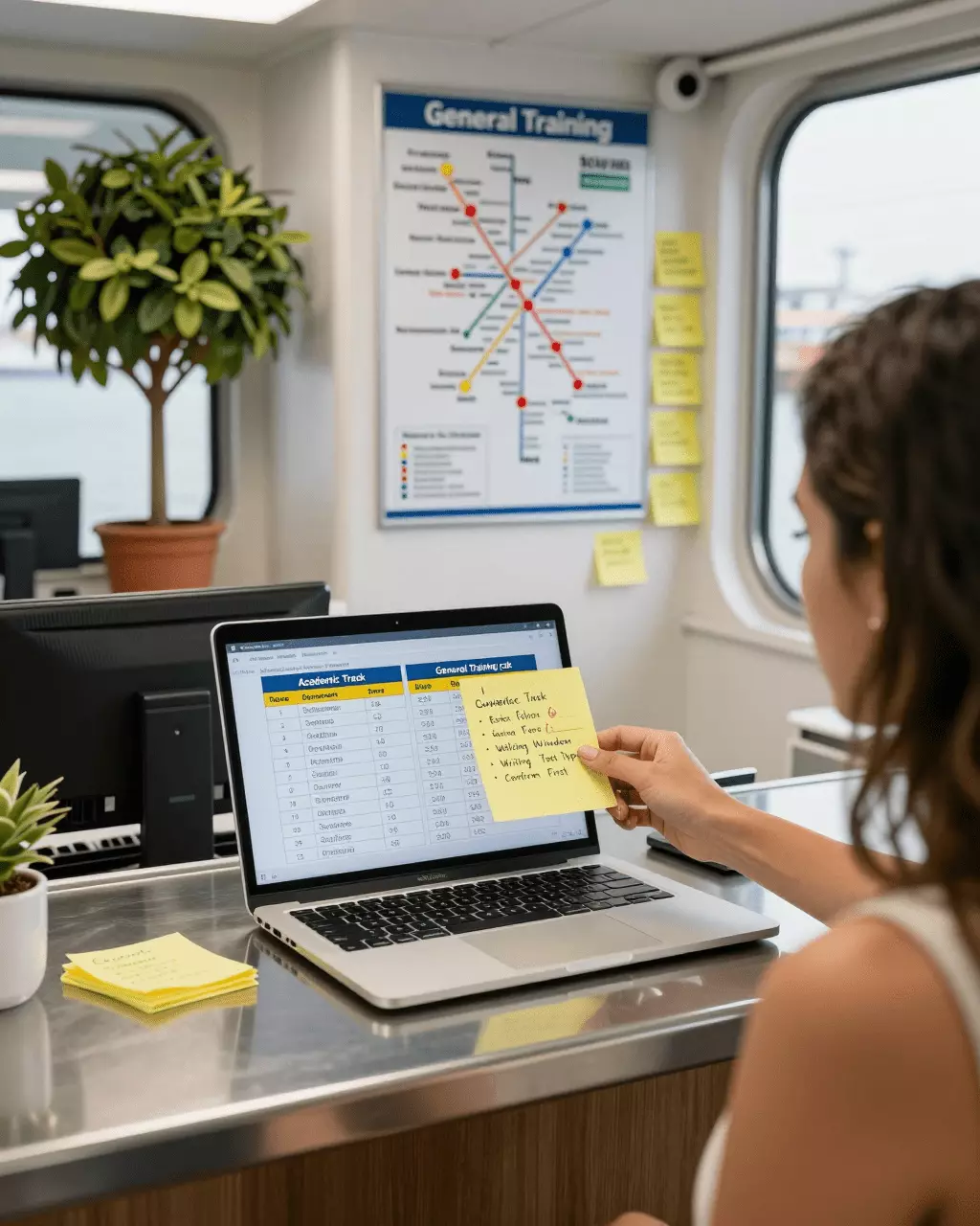 a Brazilian woman in her late 20s preparing online for Treinamento Acadêmico vs Geral do IELTS: Qual teste e curso você precisa?