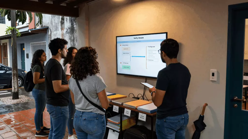 a Brazilian woman in her late 20s reviewing an IELTS online course workflow