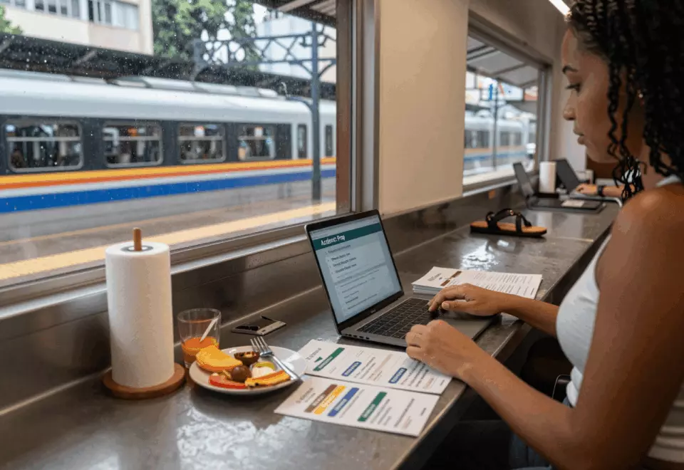 a Brazilian woman in her late 20s choosing the next IELTS prep step online