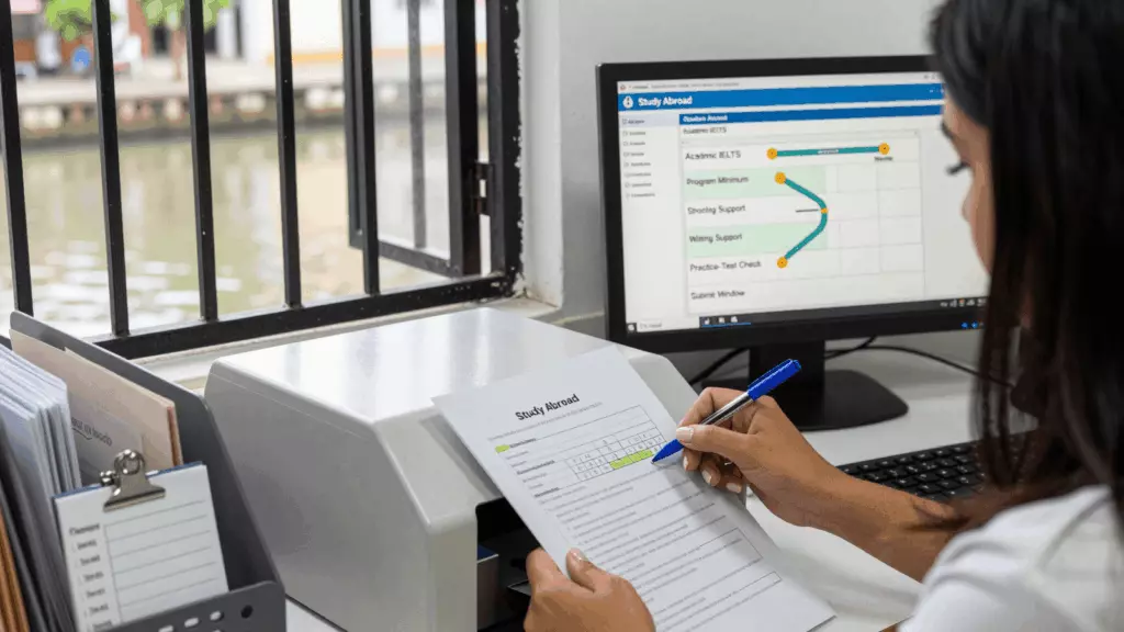 a Brazilian woman in her late 20s reviewing an IELTS online course workflow