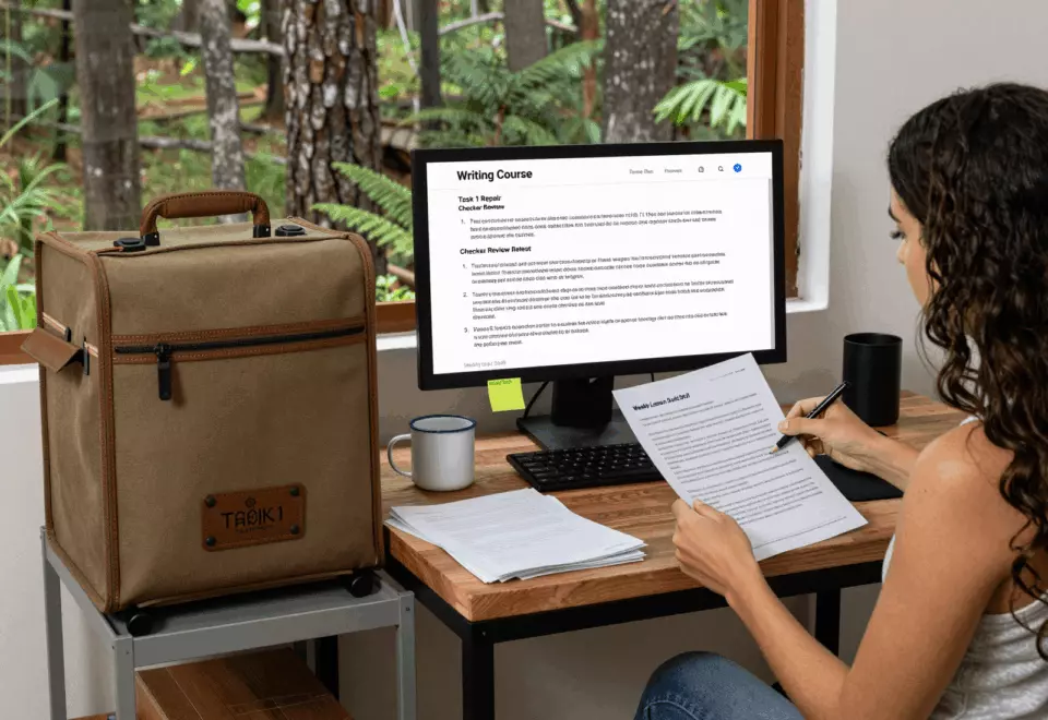 a Brazilian woman in her late 20s choosing the next IELTS prep step online