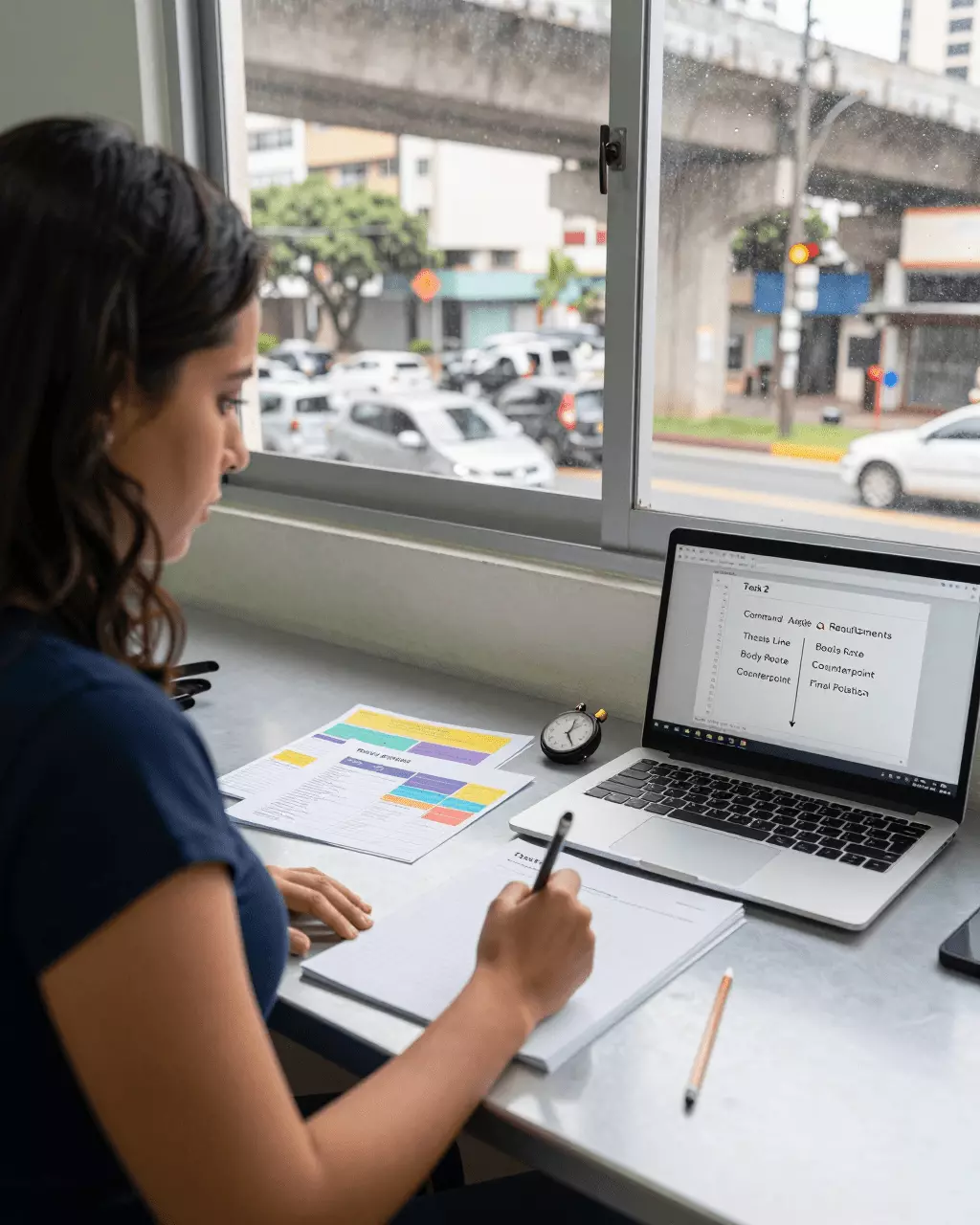 a Brazilian woman in her late 20s preparing online for Guia do curso IELTS Writing Task 2: Ensaios, ideias, estrutura e pontuações de banda