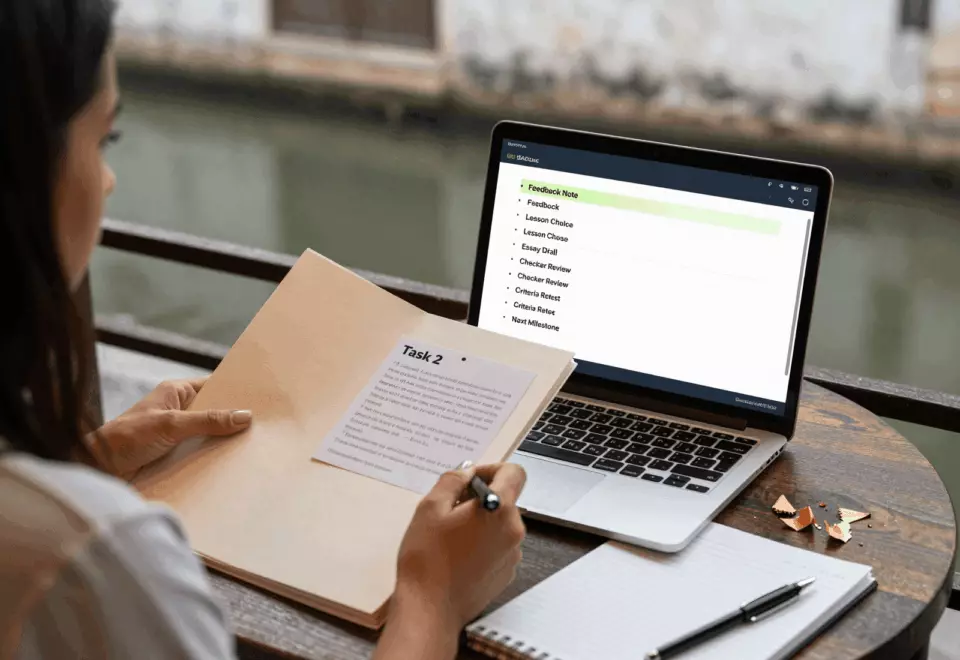 a Brazilian woman in her late 20s choosing the next IELTS prep step online
