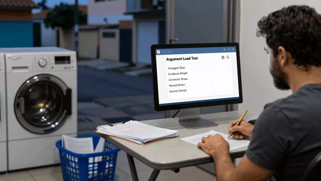 a Brazilian woman in her late 20s reviewing an IELTS online course workflow