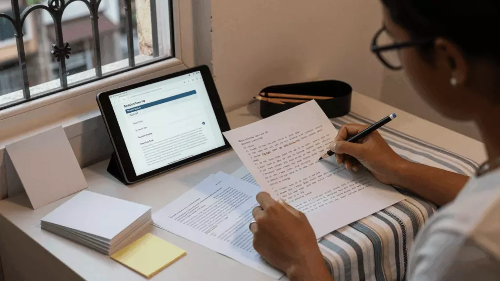 a Brazilian woman in her late 20s working through Revisar