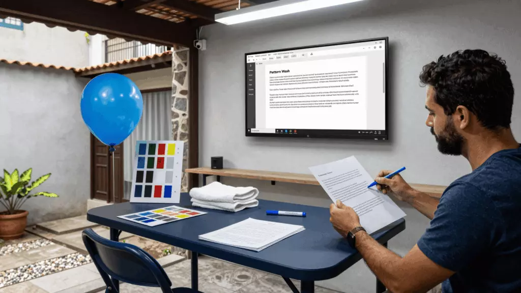 a Brazilian woman in her late 20s reviewing an IELTS online course workflow