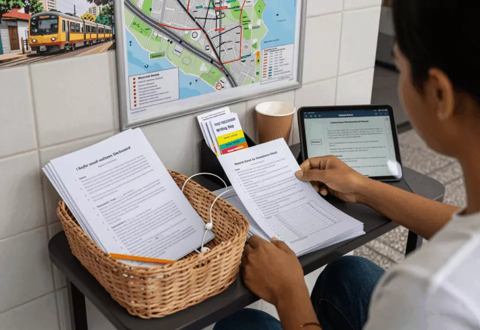a Brazilian woman in her late 20s choosing the next IELTS prep step online