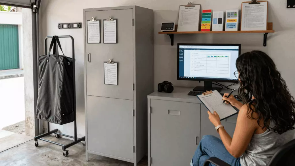 a Brazilian woman in her late 20s reviewing an IELTS online course workflow