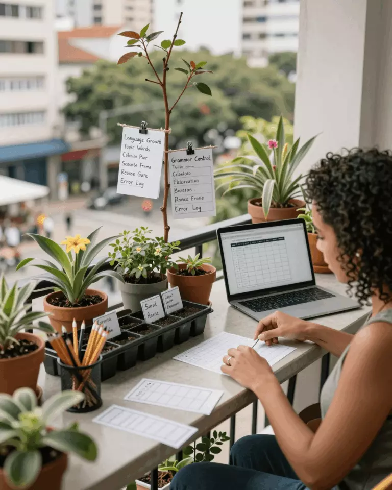 a Brazilian woman in her late 20s preparing online for Gramática e vocabulário do IELTS para faixas superiores: o que aprender primeiro
