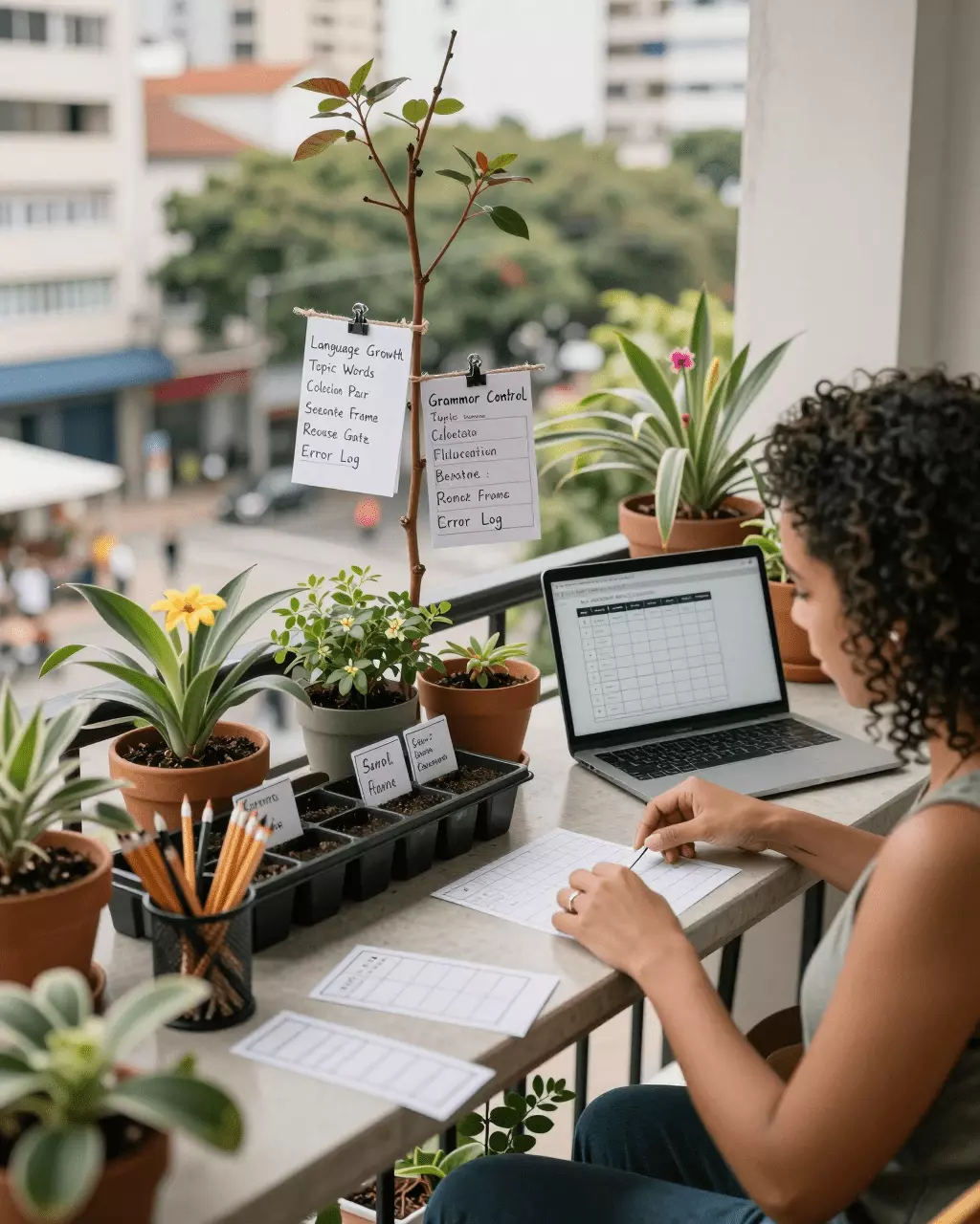 a Brazilian woman in her late 20s preparing online for Gramática e vocabulário do IELTS para faixas superiores: o que aprender primeiro